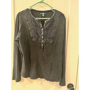 Chaps Womens XL Long Sleeve Thermal Henley Top Black Acid Wash Embroidered Bib